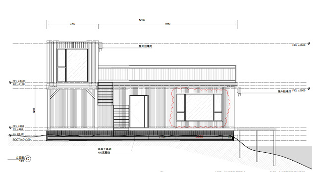 Bản thiết kế 2D của ngôi nhà container hồng